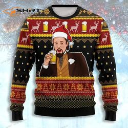 Men Is Leo Laughing Meme Drinking Ugly Christmas Sweater