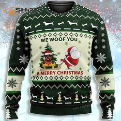 Green Red Rottweiler We Woof You A Merry Christmas And Hoodie Ugly Christmas Sweater