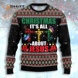 It Is All About Jesus Butterfly Plaid Cross Ugly Christmas Sweater