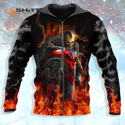 Flaming Motorcycle Skull Rider 3D All Over Printed Unisex Zip Up Hoodie