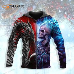 Fantasy Fire Dragon Vs Blue Flame Skull 3D All Over Printed Unisex Zip Up Hoodie