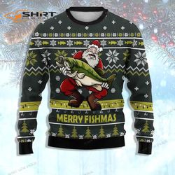 Merry Fishmas Print Slouchy Ugly Christmas Sweater