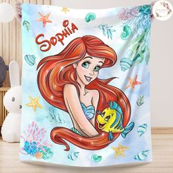 Personalized Watercolor Disney Princess Blanket, Custom Name Baby Girl