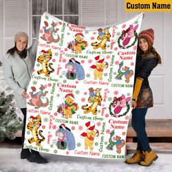 Personalized Name Christmas Winnie The Pooh Blanket, Disney Blanket, E