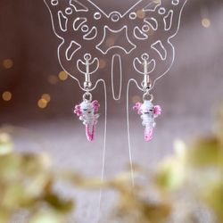 axolotl earrings micro crochet jewelry 1" white dangle earrings with axolotl gift for girlfriend axolotl lover gift