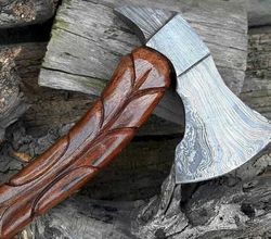 custom handmade damascus steel hunting axe with wood handle & leather sheath