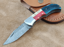 6.5" Handmade Damascus Steel Hunting Pocket Folding Knife w/ Sheath