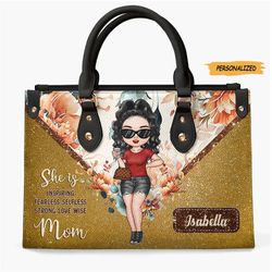 She Is A Wise Mom Personalized Custom Leather Bag, Mothers Day Gift For Mom