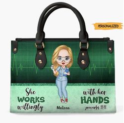 She Works Willingly With Her Hands, Personalized Leather Bag