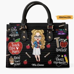 Teach Love Inspire Teacher Personalized Leather Bag, Gift For Teacher