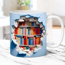 3D Book Mug 3D Bookshelf Mug, Book Lover Mug, 11oz and 15oz Coffee Mug,