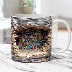 3D Book Mug, 3D Bookshelf Mug, 3D Book Lover Mug, 11oz and 15oz Coffee Mug,