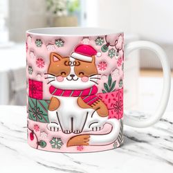 3D Christmas Mug Inflated Cat Mug Christmas Cat Mug Press Design 11oz & 15oz Puffy Coffee Cup