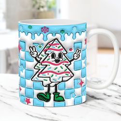 3D Christmas Mug, Inflated Blue Christmas Tree Cakes, Coffee Cup Christmas Snack Cakes Mug Press Design