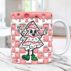 3D Christmas Mug, Inflated Pink Christmas Tree Cakes, Coffee Cup Christmas Snack Cakes Mug Press Design