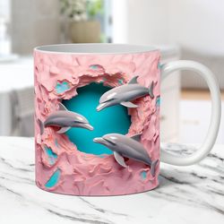 3D Dolphins Mug, Hole In A Wall Mug, 3D Waves 11oz 15oz Coffee Cup, 3D Dolphin Mug Press Designs