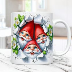 3D Gnomes Mug Christmas 3D Cracked Hole Gnomes Mug 3D Floral Gnome Mug 11oz & 15oz Coffee Cup