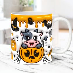 3D Halloween Cow Mug, Inflated Cow Pumpkin Mug, Halloween Cow 11oz and 15oz Spooky Vibes Mug