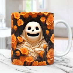 3D Halloween Mug, Floral Ghost, 3D Ghost 11oz 15oz Coffee Cup, Halloween Press Designs