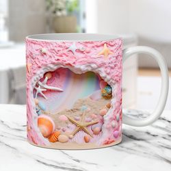 3D Hole In a Wall Mug, 3D Beach Seashells Mug, 3D Summer 11oz 15oz Coffee Mug