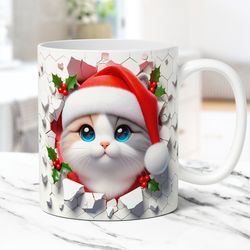 3D Kitten Hole In A Wall Mug Christmas Cat Mug 11oz & 15oz Coffee Cup 3D Cute Cat Mug