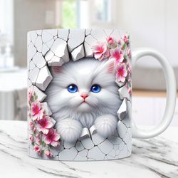 3D Kitten Hole In A Wall Mug, Cat Mug, 11oz and 15oz Coffee Cup, 3D Cute Cat Mug Press Design