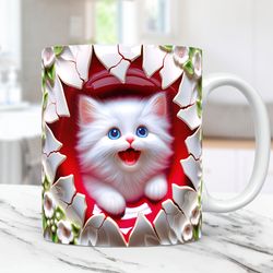 3D Kitten Hole In A Wall Mug, Snow Mug, 11oz and 15oz Coffee Cup, 3D Cute Cat Mug Press Design