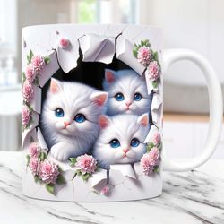 3D Kittens Hole In A Wall Mug, 3D White Cat Mug, 11oz and 15oz Coffee Cup, 3D Cute Cat Mug Design