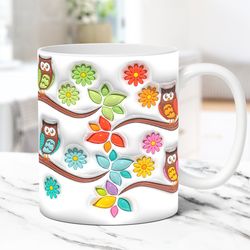 3D Owl Mug, Inflated Floral Owl Mug, 11oz and 15oz Coffee Cup, 3D Puffy Flower Owl Mug