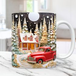 3D Red Truck Mug Cute Christmas Mug 11oz and 15oz Coffee Cup, 3D Christmas Farmhouse Mug