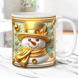 3D Snowman Mug Christmas Mug Inflated 11oz and 15oz Coffee Cup 3D Floral Snowman Mug Press Design 1