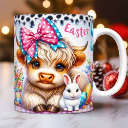 Easter Highland Cow Mug Easter Bunny Mug, Happy Easter Day Highland Cow Egg Basket 11oz & 15oz Mug