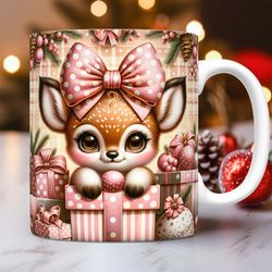 Pink Christmas Deer Mug, Christmas Deer Mug, 11oz & 15oz Mug Press Design, Coffee Cup,