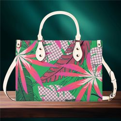 Handbag shoulder bag Women Luxury PU Leather modern spring summer pink green floral fern purse abstract design Gift Mom