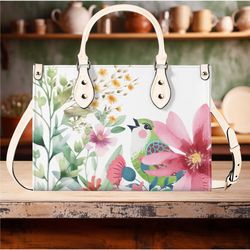 Luxury Women PU Leather Handbag Bag Shoulder Bag tote purse Beautiful, cute spring summer mauve pink bird Floral flower