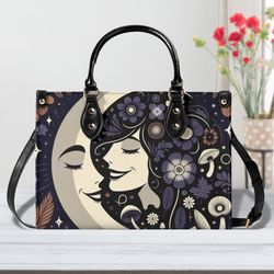 Luxury Women PU Leather Handbag beautiful abstract flower women's face smiling at the cosmic moon cute unique chic styli