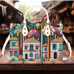 Luxury Women PU Leather Handbag purse crossbody Fun cute unique rainbow of colors Mexican folk art design pattern