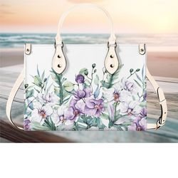 Luxury Women PU Leather Handbag Shoulder Bag tote purse Beautiful purple greenery cute spring summer Floral flower botan