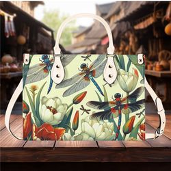 Luxury Women PU Leather Handbag shoulder bag tote Tulip dragonfly flower Floral botanical design abstract art purse Gift