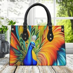 Luxury Women PU leather Handbag unique beautiful Peacock colorful design abstract art colors purse tote spring colors Ma