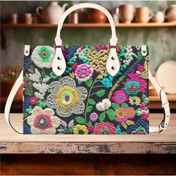 New Version-Luxury Women PU Leather Handbag purse tote Beautiful cute spring summer Floral flower botanical embroidery d