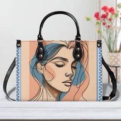 PU Leather Handbag women shoulder satchel purse tote Unique fun Abstract face Art pretty peach colors Stand out in the c