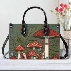PU Leather Luxury Beautiful Handbag shoulder satchel purse tote Unique Cottagecore mushroom fern design Stand out in the