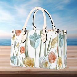 Women Leather PU Handbag Shoulder Bag tote purse beautiful tulip cute spring summer peach blue Floral flower botanical d