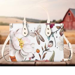 Women Leather PU Handbag Shoulder Bag tote purse Beautiful, cute magnolia butterfly spring summer Floral flower botanica