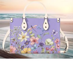 Women Leather PU Handbag Shoulder Bag tote purse Beautiful, purple cute wildflower dragonfly spring summer Floral flower
