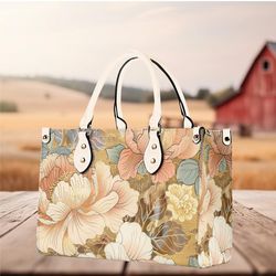 Women Leather PU Handbag Shoulder tote purse Beautiful, cream golds color fun cute spring summer Floral flower botanical
