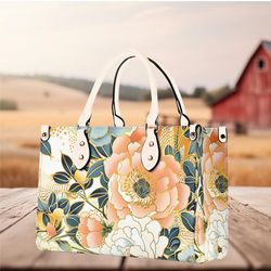 Women Leather PU Handbag Shoulder tote purse Beautiful, cute peach cream spring summer Floral flower botanical design pa