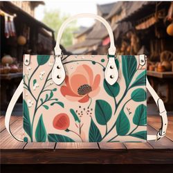 Women PU Leather Handbag shoulder bag tote flower Floral botanical peach green design abstract purse Gift Mom friend spr