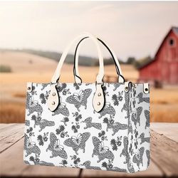 Women PU leather Handbag tote Butterflies black, white design abstract art purse Large Tote would be Perfect for Vacatio